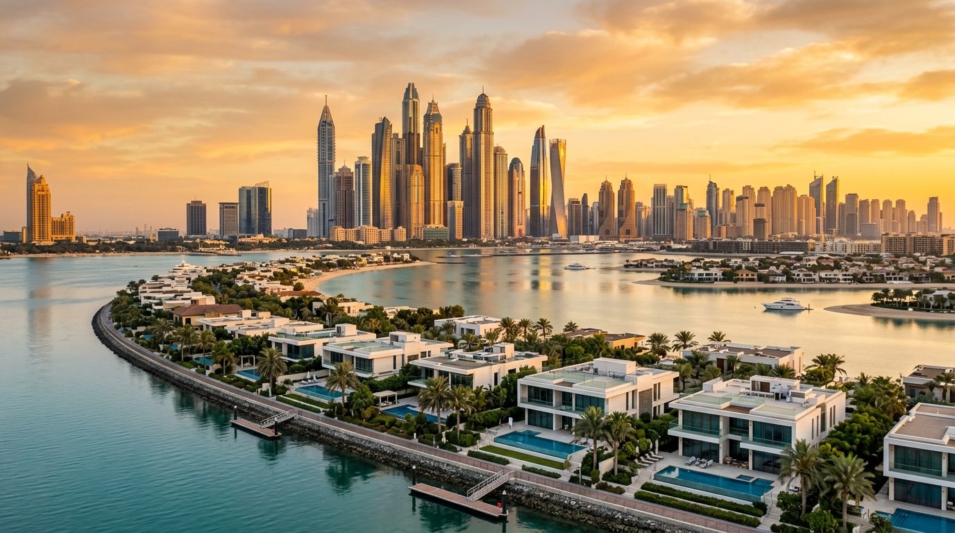 Luxury Dubai waterfront villas and skyline at golden hour