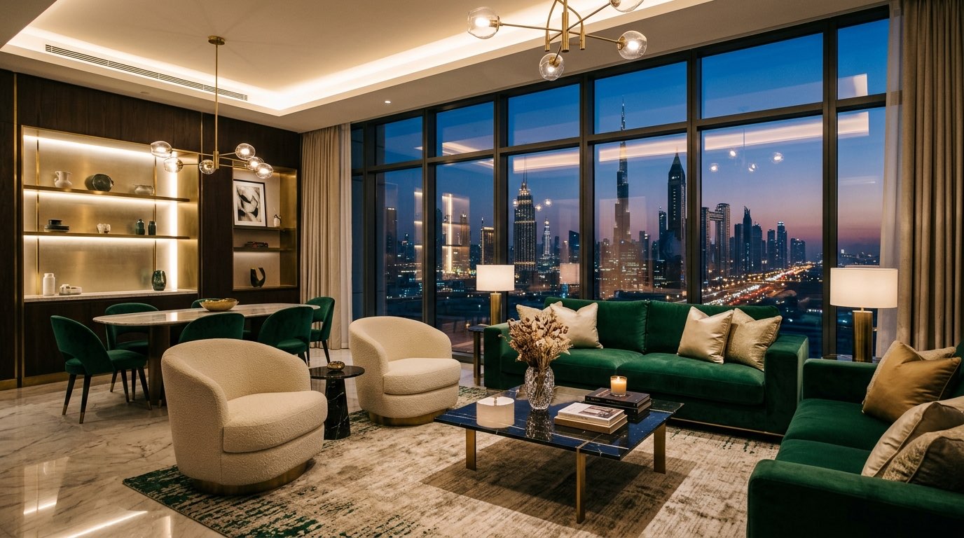 Luxurious modern Dubai apartment interior with skyline view at dusk